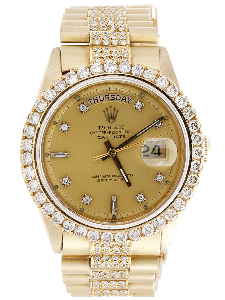 18K Yellow Gold Mens Rolex Presidential Prong Diamond Day-Date 36mm Watch 8 CT.