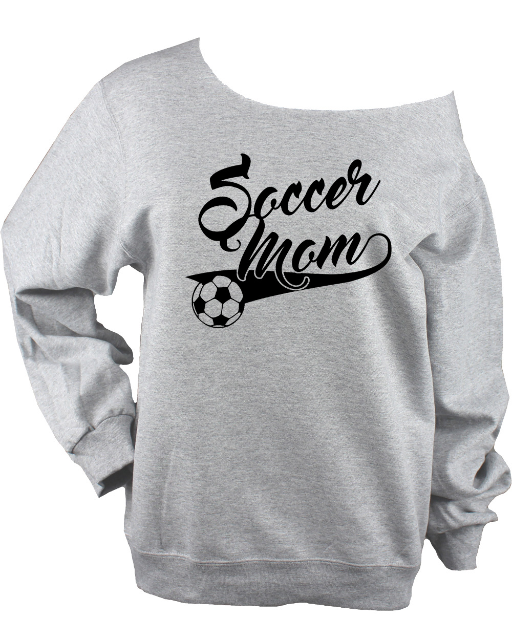 Soccer Mom Off Shoulder  Sweatshirt SWOOP with Ball UNISEX Light Heather Grey Raw Edge  (Glitter or Vinyl)