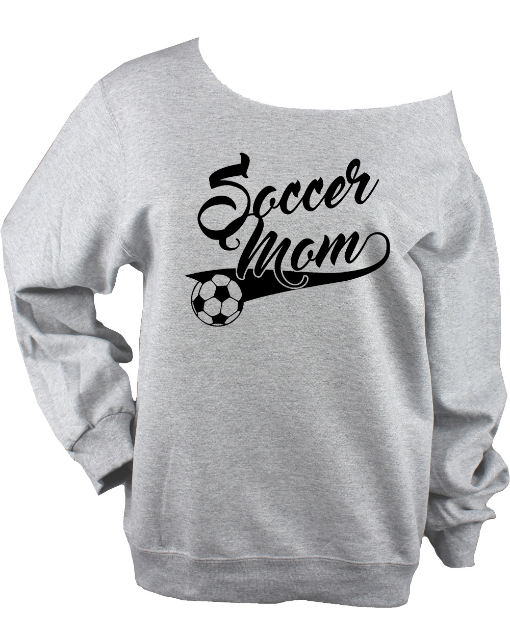 Soccer Mom Off Shoulder Sweatshirt SWOOP with Ball UNISEX Light Heather Grey Raw Edge (Glitter or Vinyl)