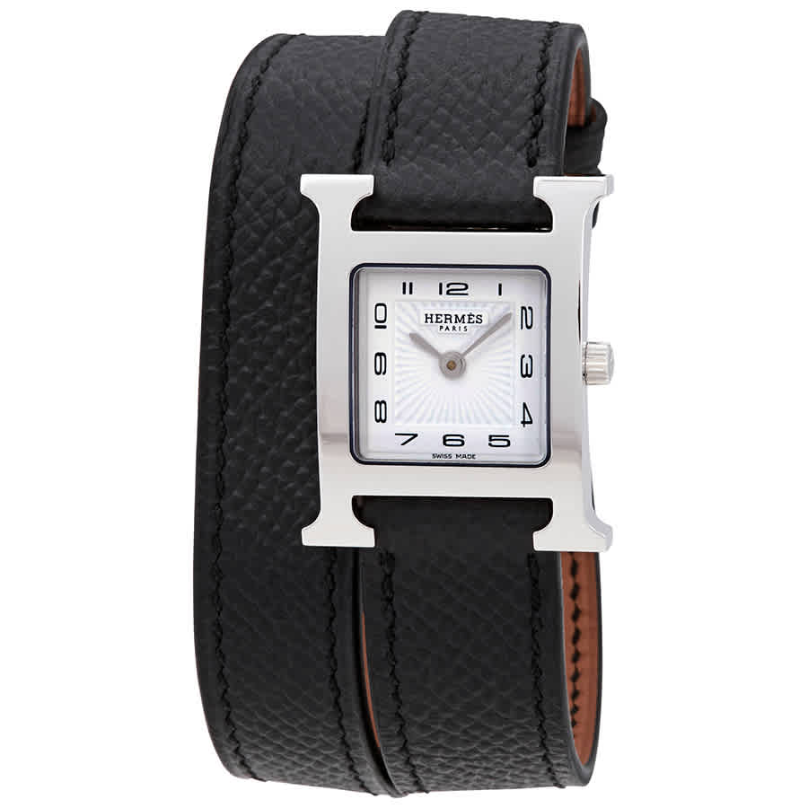 Hermes Heure H White Dial Small Double Tour Leather Watch 036716WW00
