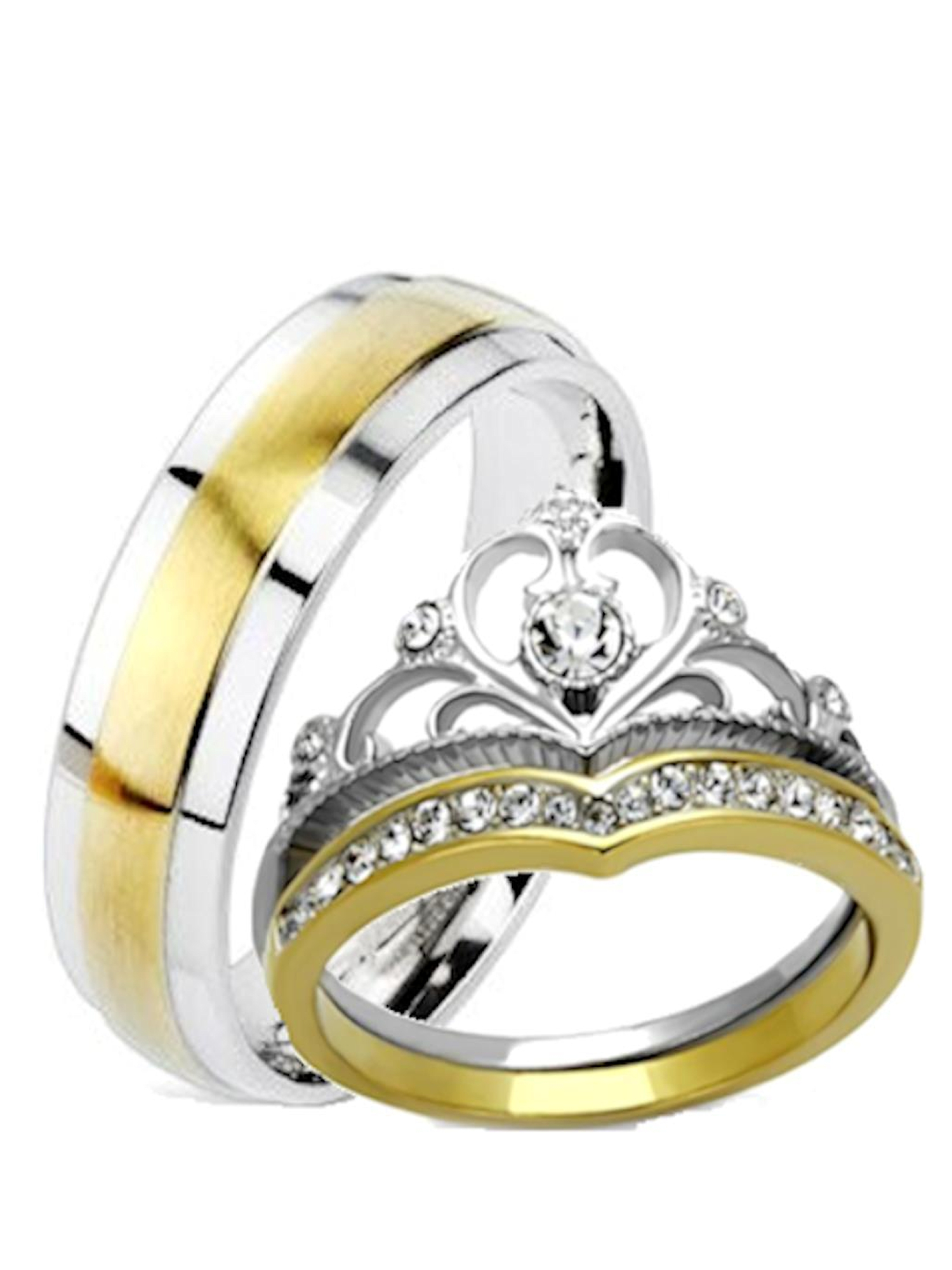 His and Hers Wedding Rings 3 Pc Yellow Gold IP Crown Stainless Steel Wedding Set