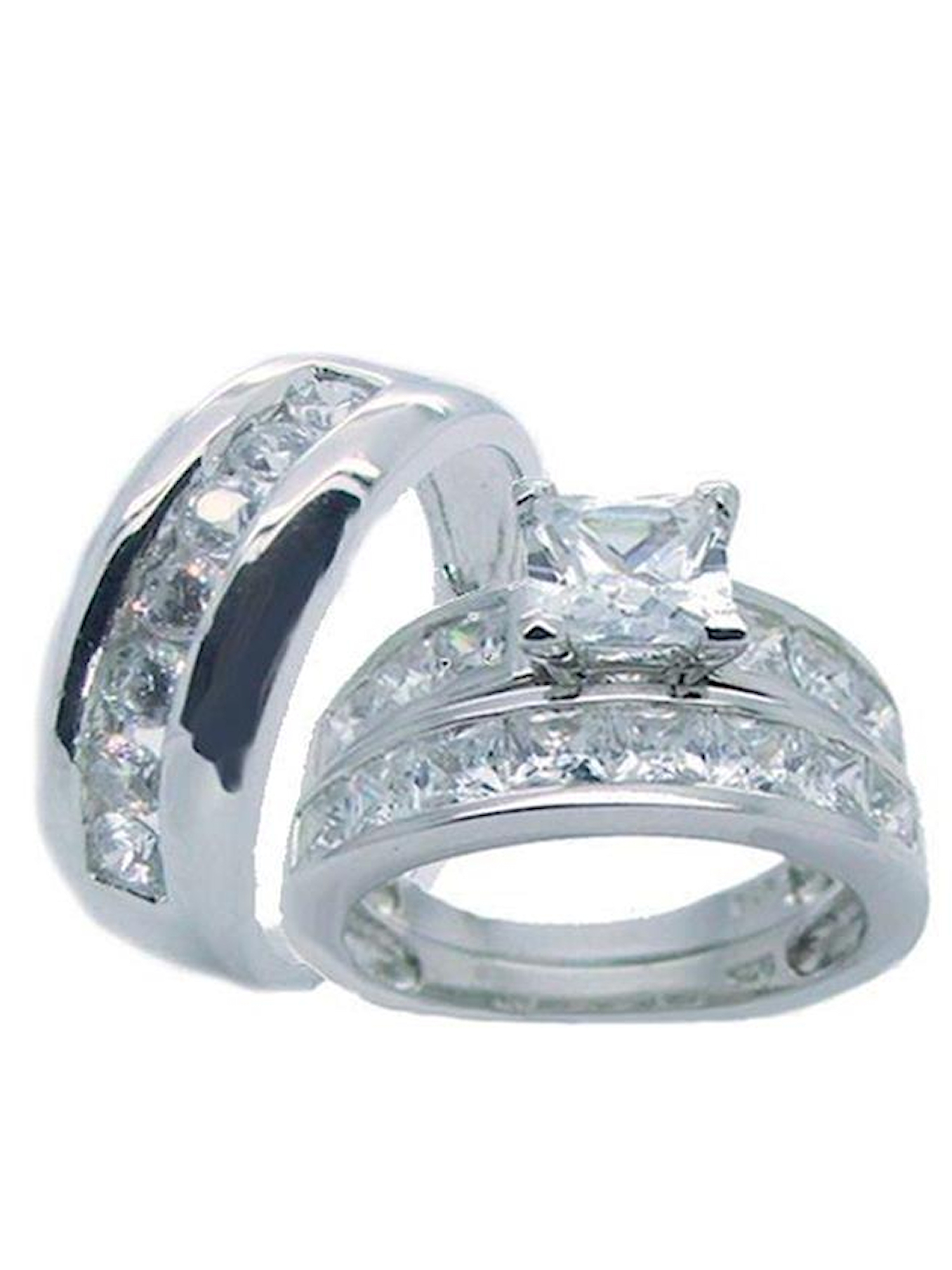 His Hers Sterling Silver Princess Cut Cz Wedding Ring Set