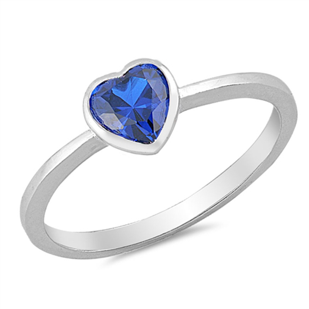 CHOOSE YOUR COLOR Simple Solitaire Blue Simulated Sapphire Heart Ring New .925 Sterling Silver