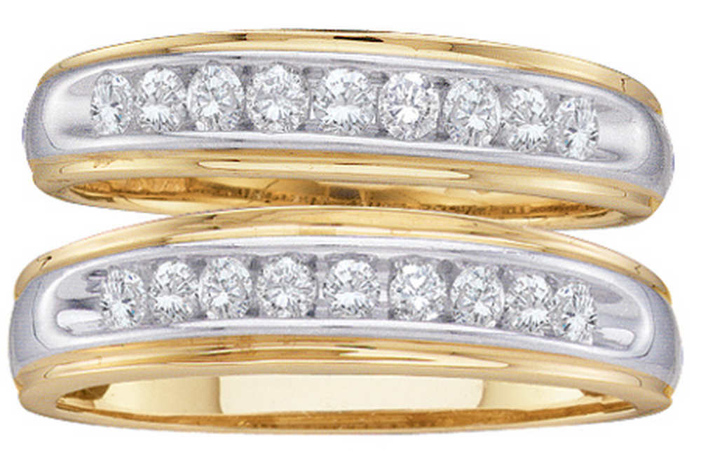 Sizes - L = 7, M = 10 - 10k Yellow Gold Trio His & Hers Round Diamond Matching Wedding Band Set (1/2 Cttw)