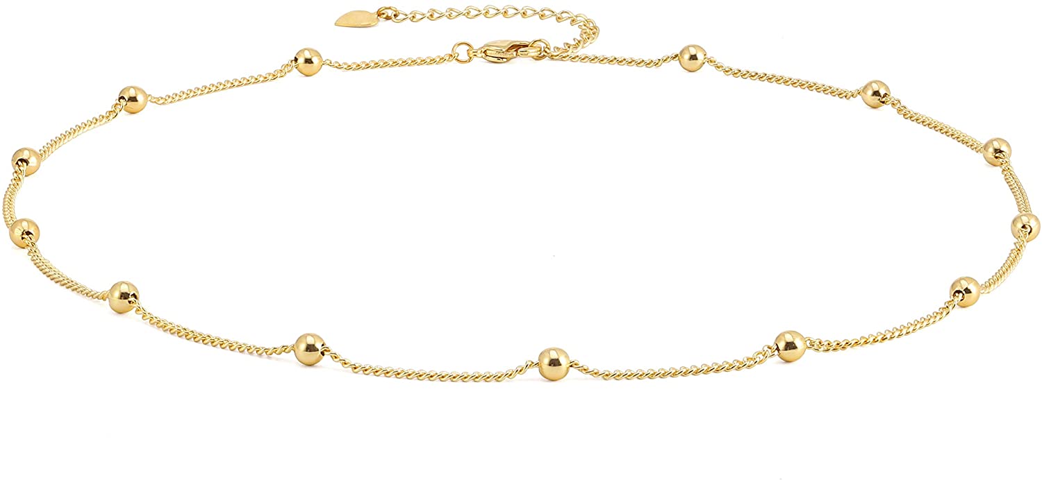 18k Gold Paperclip Chain Choker Satellite Chain Lava Bead Pendant Necklace Dainty Jewelry for Women 16''