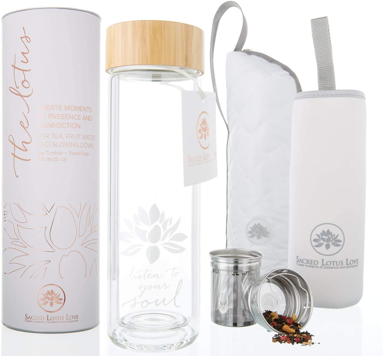 The Lotus Glass Tea Tumbler. Tea Infuser Bottle & Strainer for Loose Leaf, Herbal, Green Tea, Coffee or Fruit Water Infusions. 450ml/15oz. Hot or Cold for 45 min. 2 Sleeves Quilted + Neoprene