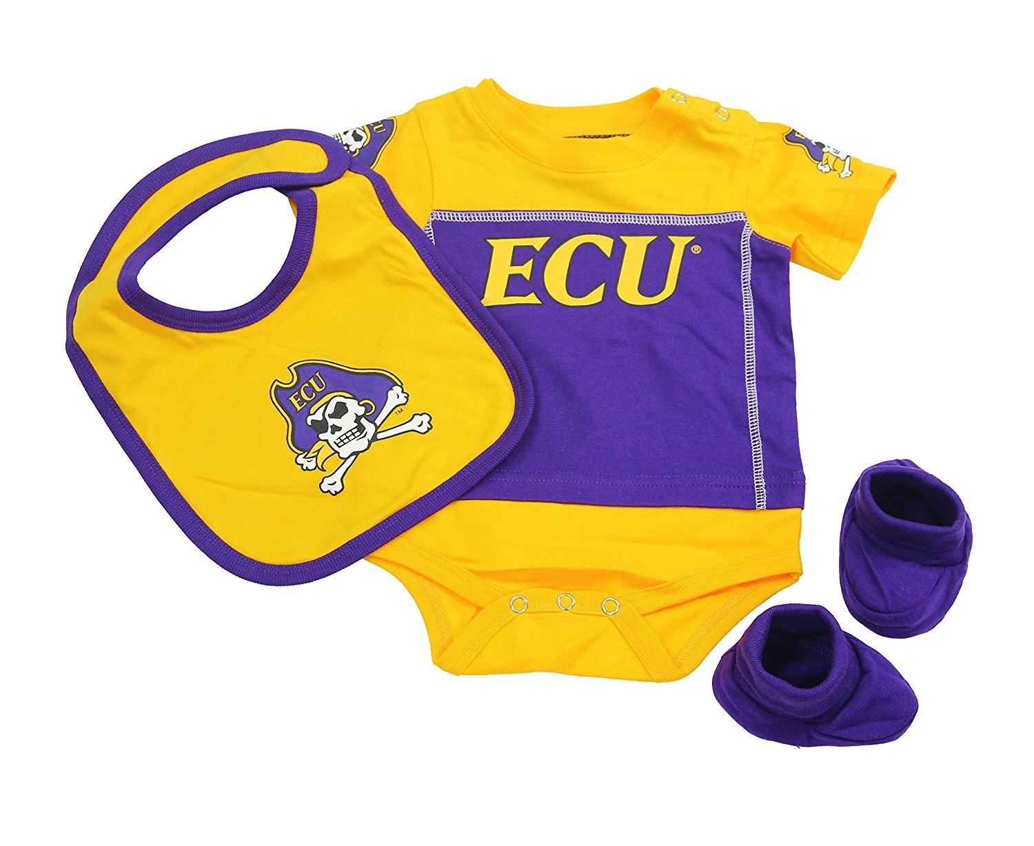 OuterStuff East Carolina Pirates Baby Clothing, University 3 Piece Creeper Bib Booties Apparel Set