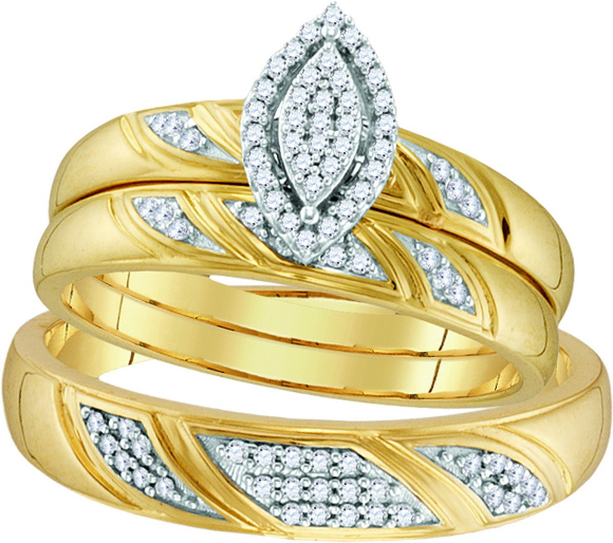 10k Yellow Gold Natural Diamond His & Hers Matching Trio Wedding Engagement Bridal Ring Set .25 Ctw size- 5.5