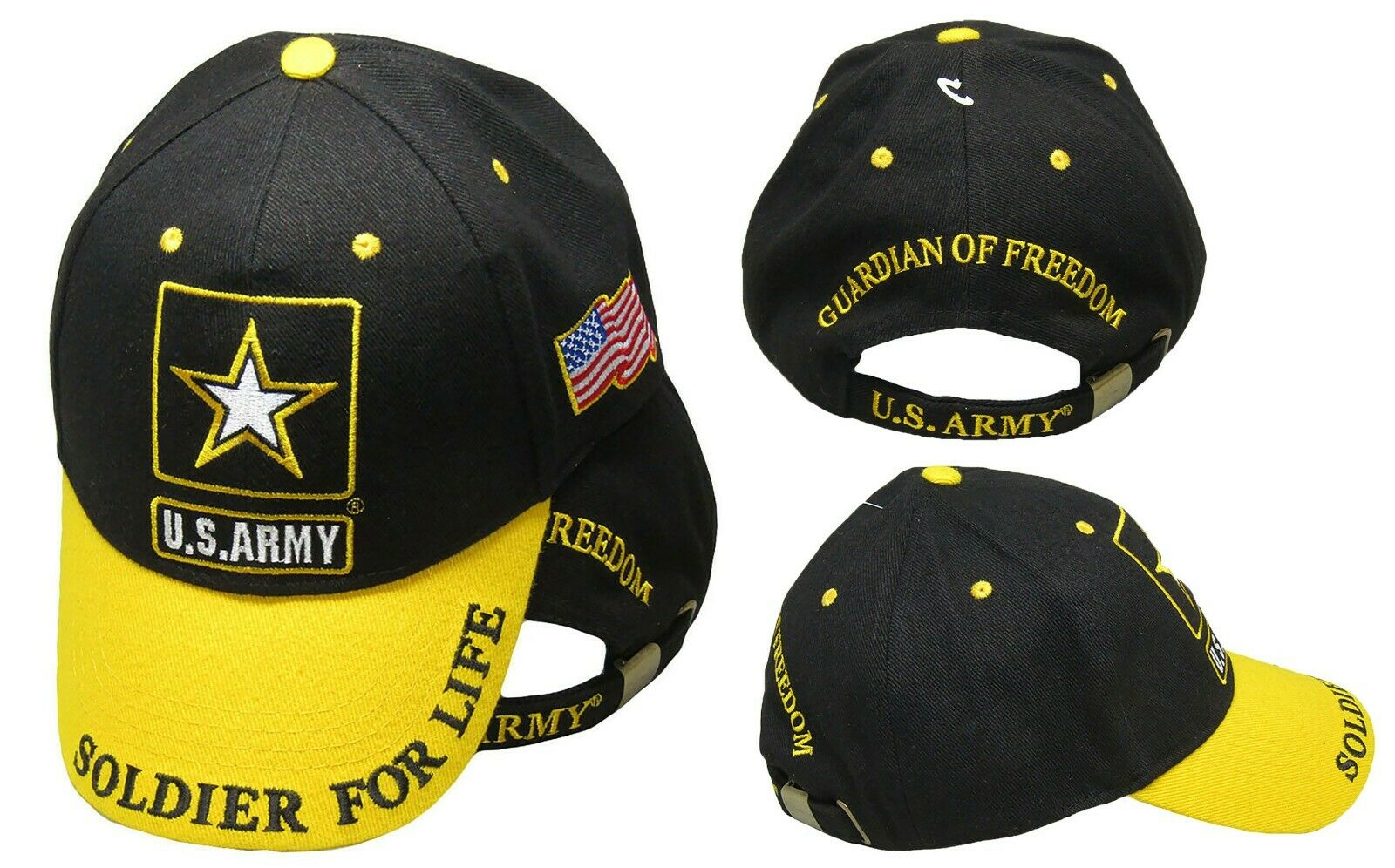 US Army Star Soldier For Life Guardian of Freedom Black Yellow 3D Cap Hat
