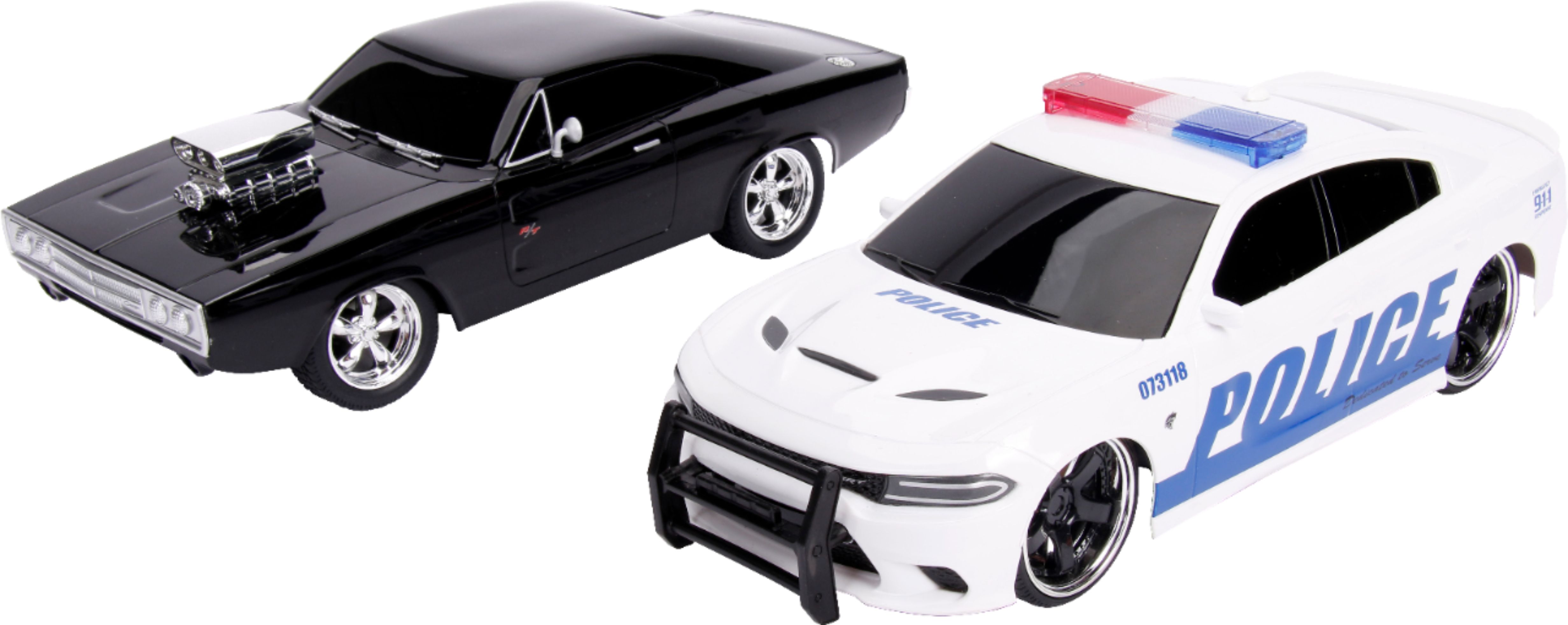 Fast and Furious - Chase Twin Pack: Dom's 1970 Dodge Charger vs 2015 Dodge Charger Police - Black/Blue/White/Red