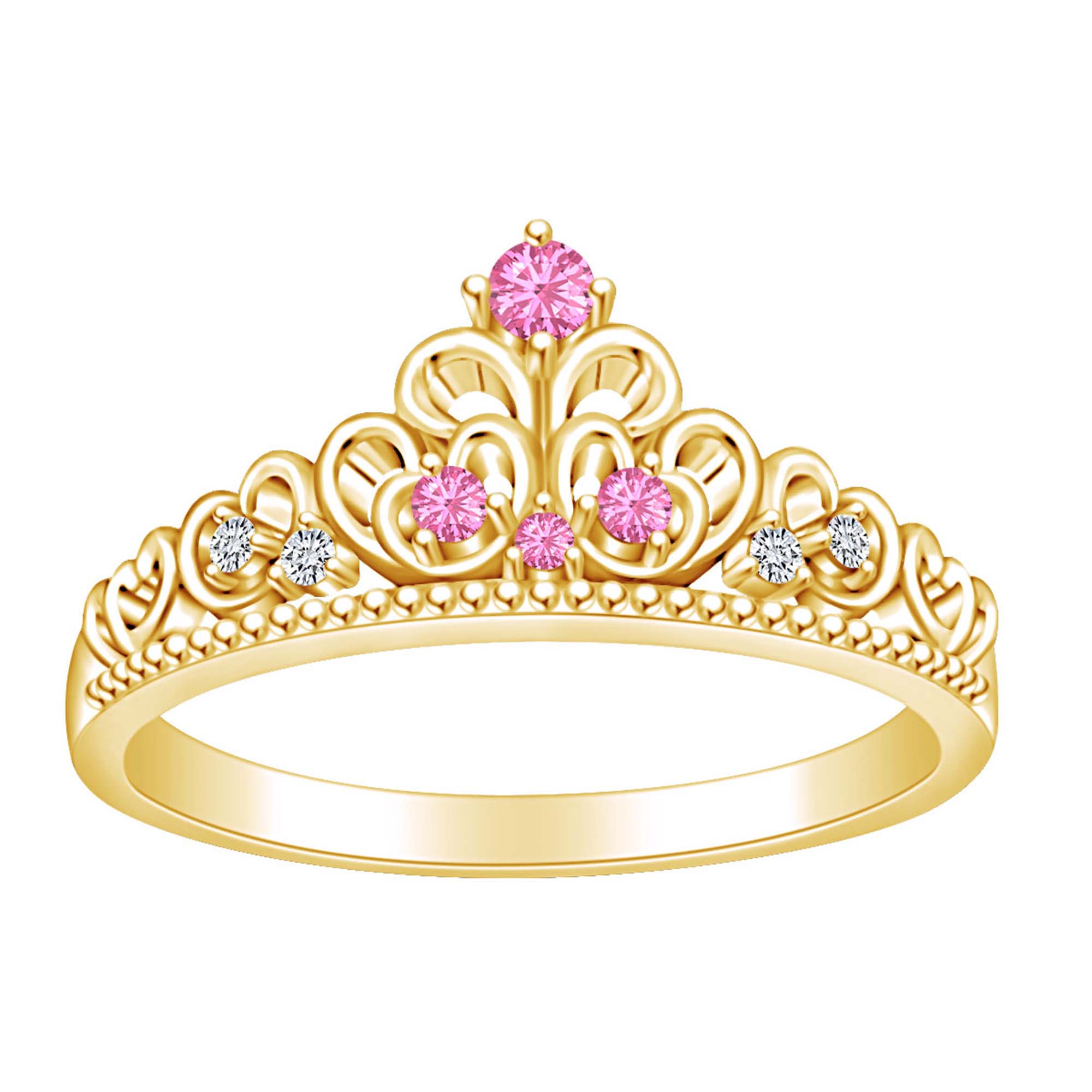 Simulated Pink Tourmaline & White Cubic Zirconia Crown Wedding Band Ring In 14k Yellow Gold Over Sterling Silver Ring Size-9