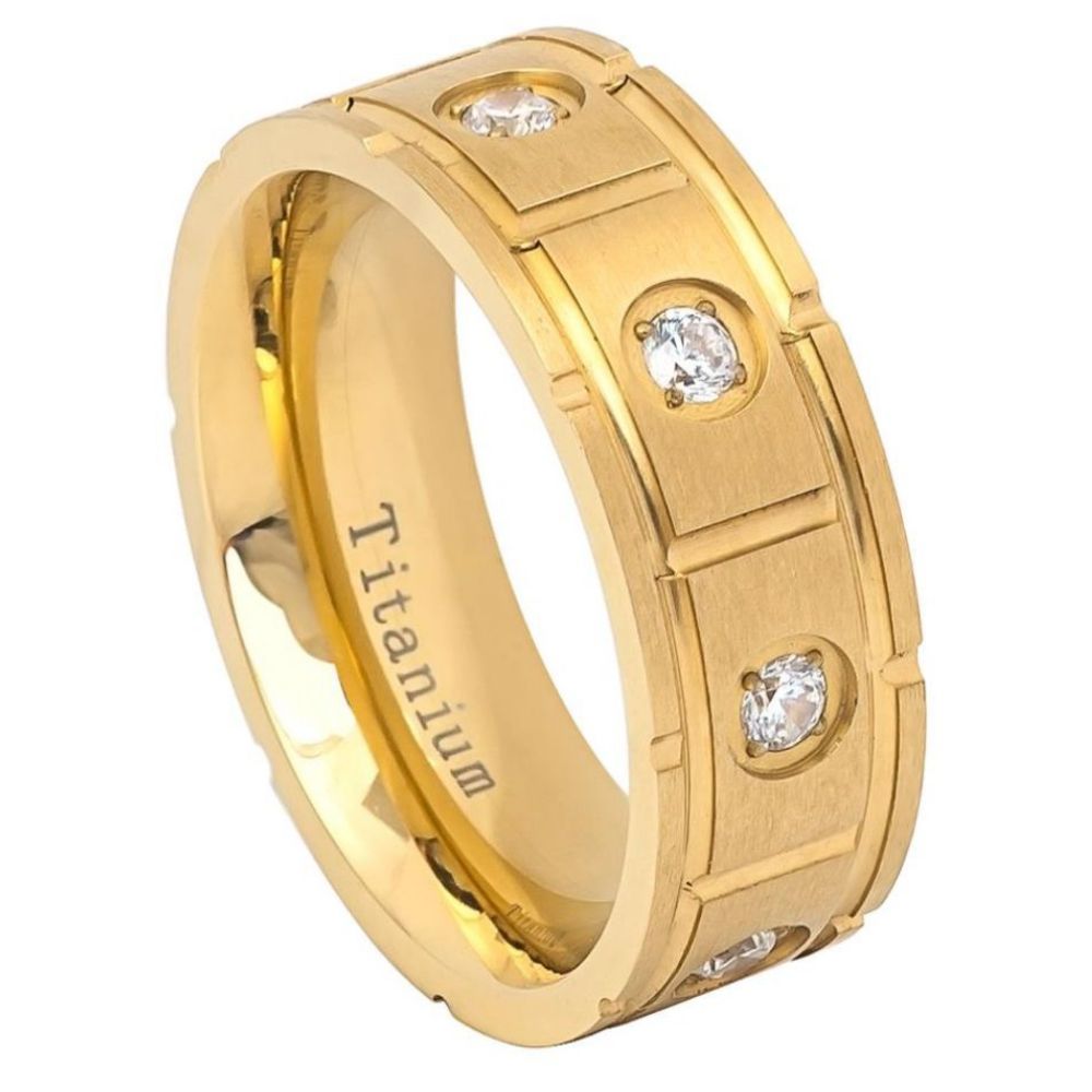 Free Personalized laser engraving Titanium Band Rings 8mm Yellow IP Pipe-Cut Brushed with 8 CZs