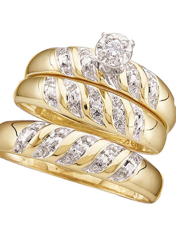 10kt Yellow Gold His & Hers Round Diamond Solitaire Matching Bridal Wedding Ring Band Set 1/12 Cttw