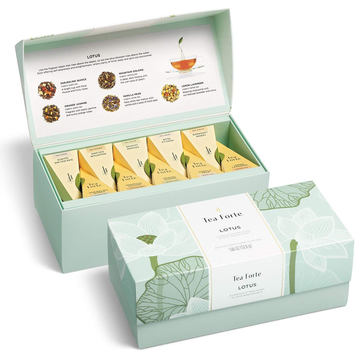 Tea Forte Lotus Relaxing Teas Presentation Box Tea Sampler Gift Set, 20 Assorted Variety Handcrafted Pyramid Tea Infuser Bags, Black Tea, Green Tea, Oolong Tea, White Tea, Herbal Tea
