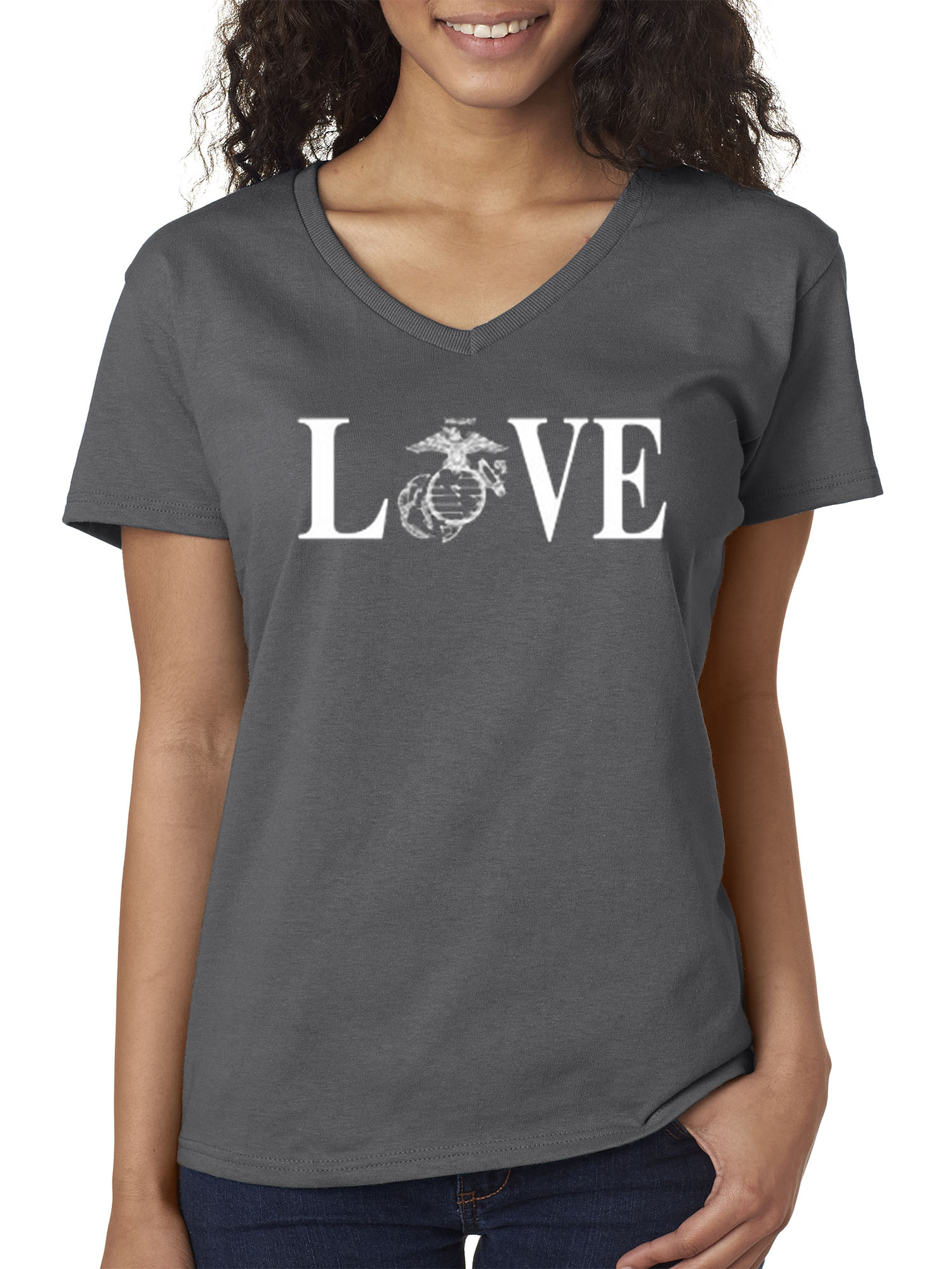 New Way 145 - Women's V-Neck T-Shirt Love Marines USMC Military USA XL Charcoal