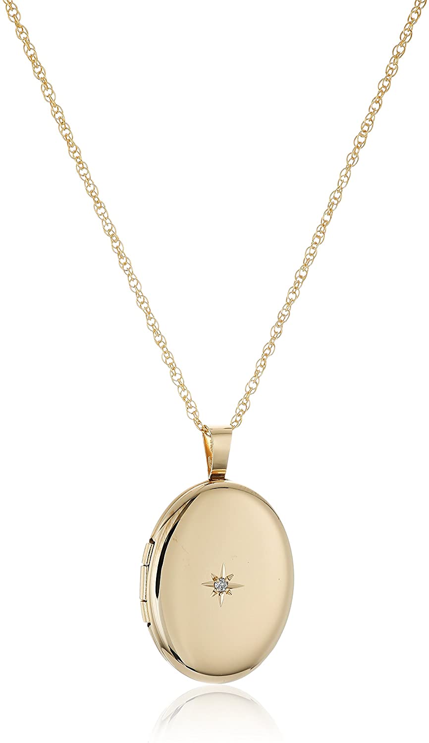 14k Gold-Filled Polished Oval Pendant with Genuine Diamond Locket Necklace, 18