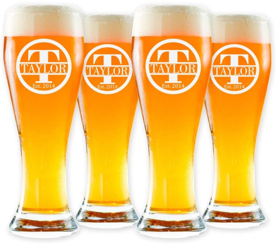 Personalized Pilsner Beer Glass, Customized Pint Glass, Set of 4 Housewarming Gifts, Wedding Favors, (Pilsner 16oz.)