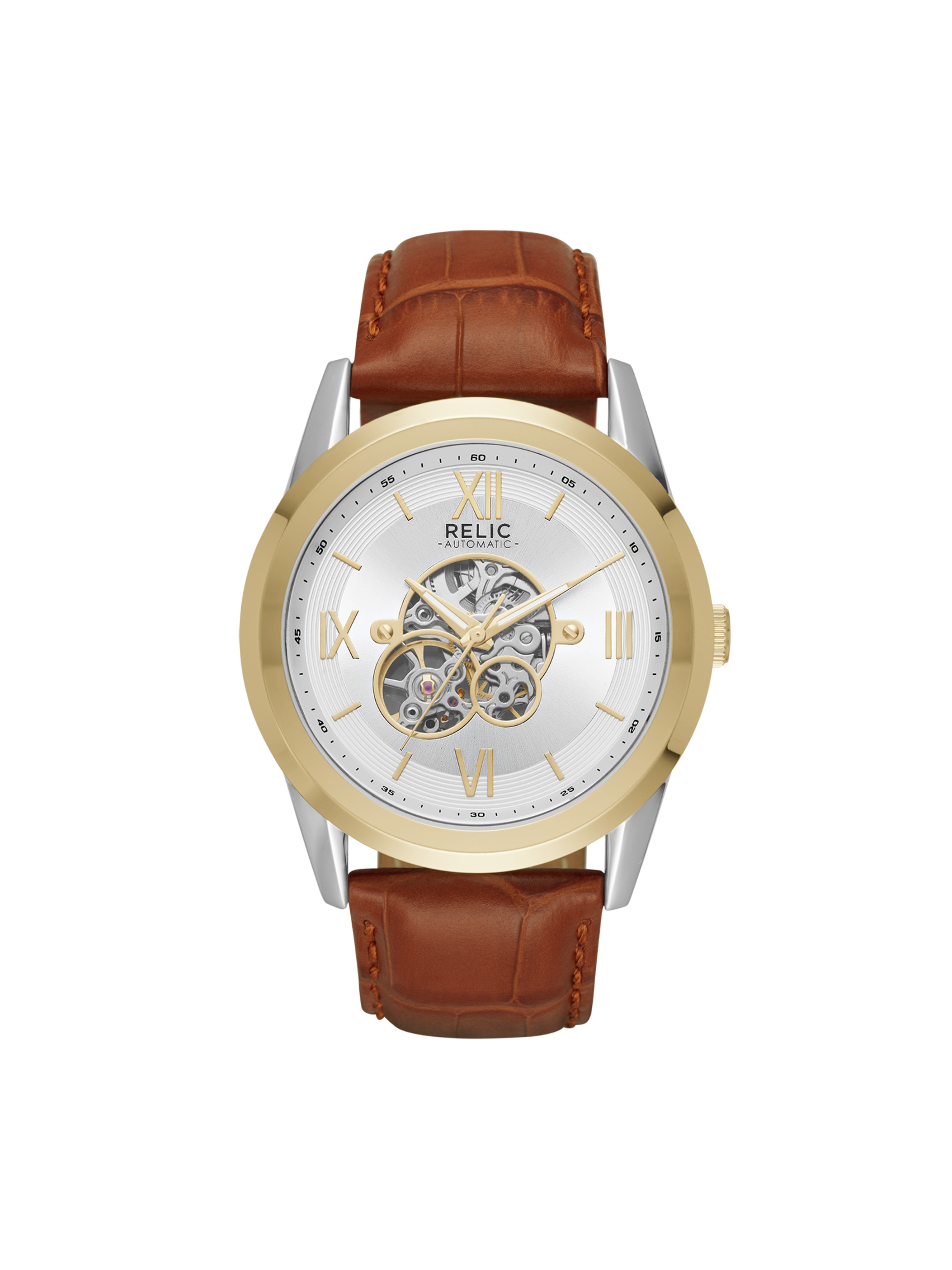 Relic by Fossil Men's Blaine Automatic Two-Tone and Brown Leather Skeleton Watch