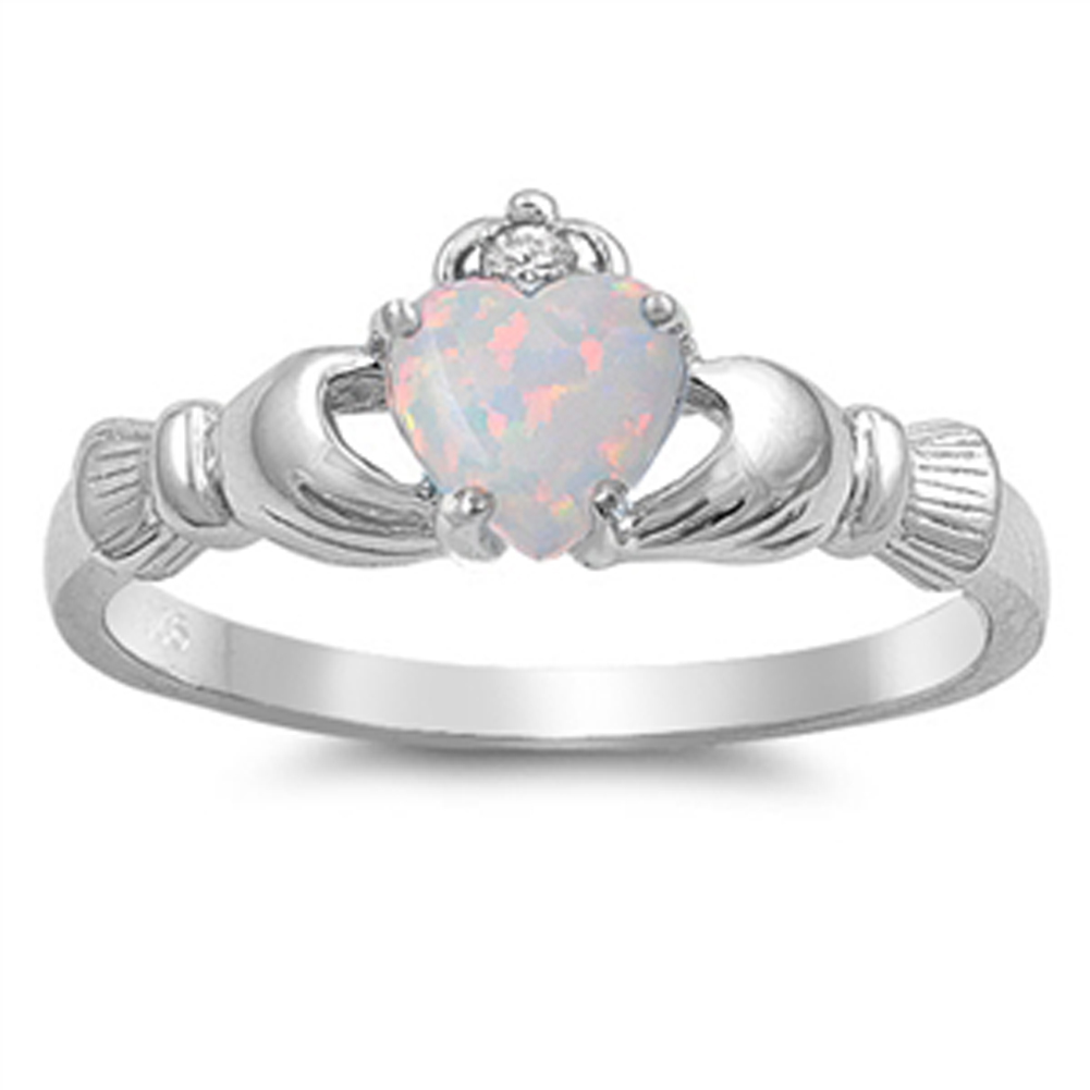 CHOOSE YOUR COLOR White Simulated Opal Promise Claddagh Cute Ring .925 Sterling Silver Band