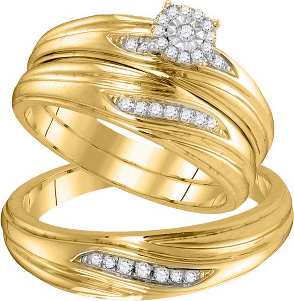 10k Yellow Gold Natural Diamond His & Hers Matching Trio Wedding Engagement Bridal Ring Set .20 Ctw size- 6.5