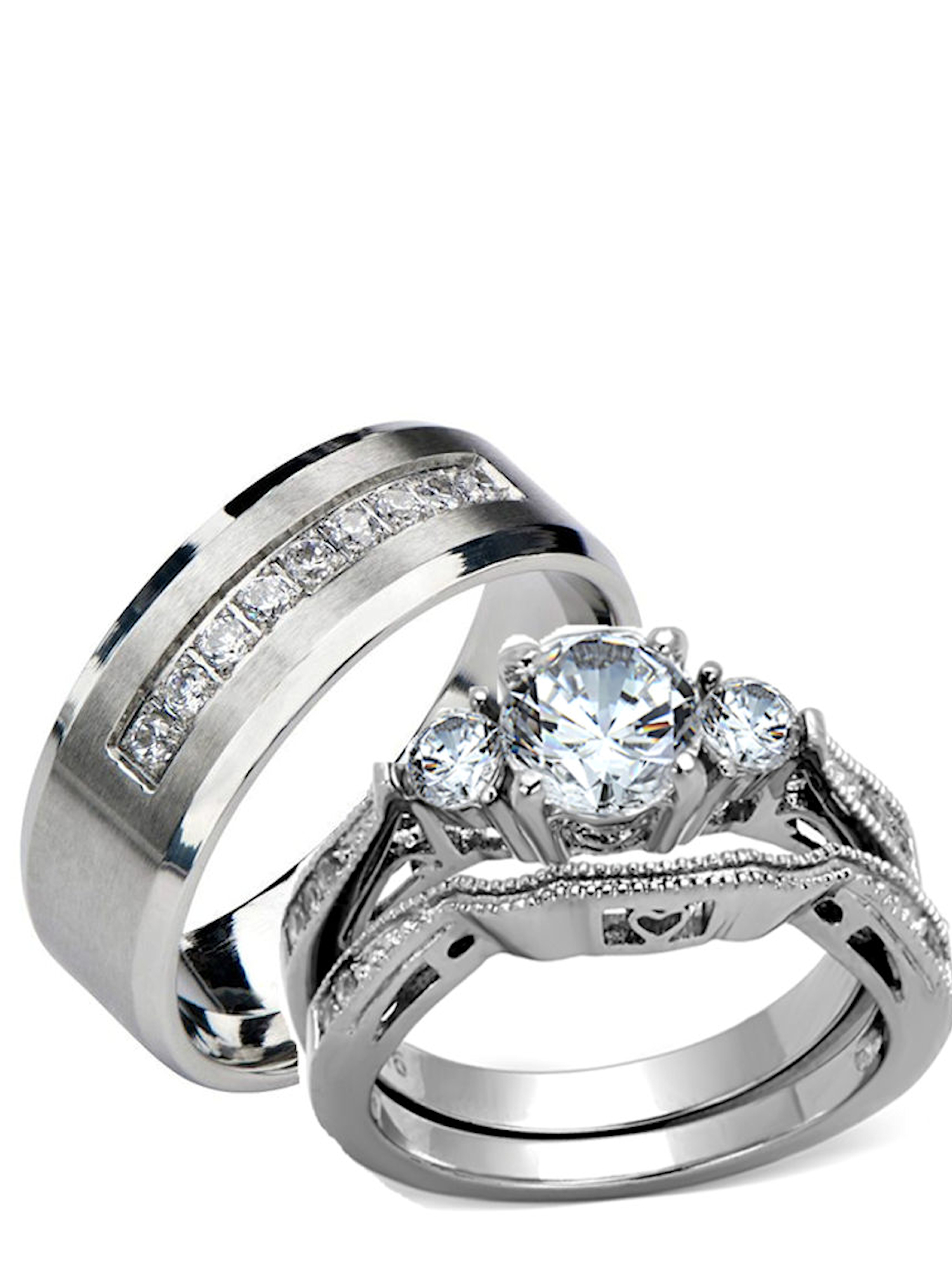His and Hers Solid Stainless Steel Cz Wedding Engagement Ring Set