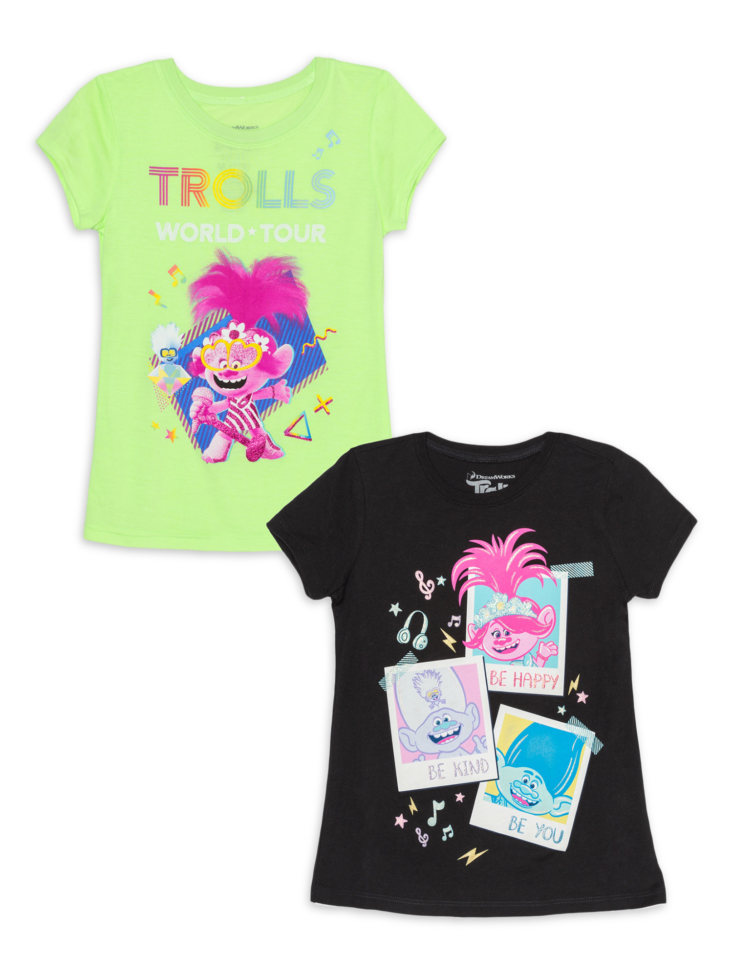 Dreamworks Trolls Poppy Girls 4-16 Neon & Holo Music Glitter Graphic T-Shirts, 2-Pack