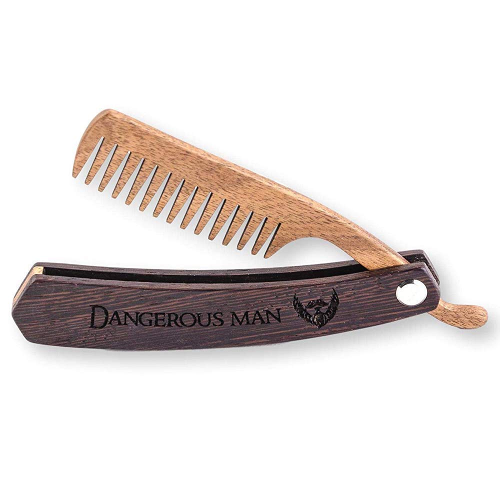 Wooden Beard Comb for Men. Folding Pocket Comb for Moustache, Beard & Hair. Walnut Combs with Dangerous Man Engraving