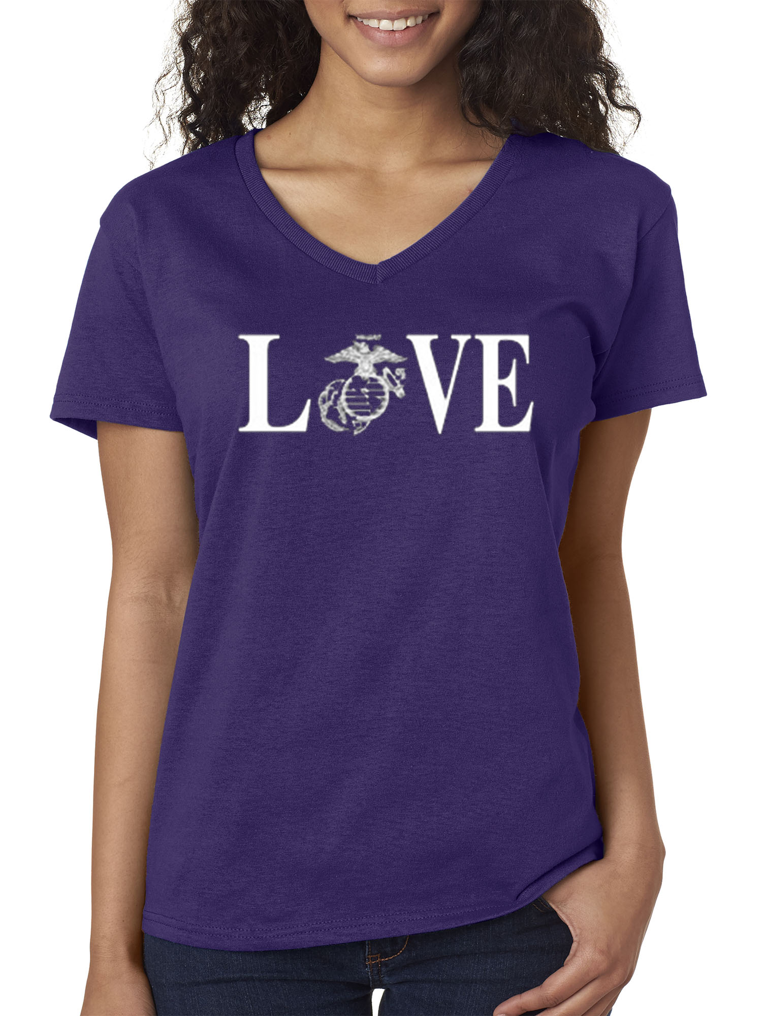New Way 145 - Women's V-Neck T-Shirt Love Marines USMC Military USA Small Purple