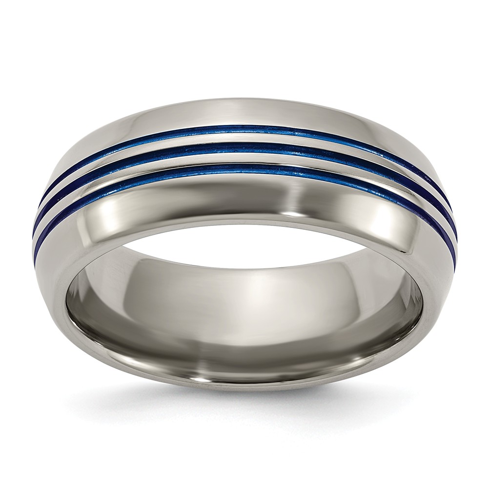 Mia Diamonds Titanium with Blue Triple Groove Beveled Edges 8mm Polished Wedding Engagement Band Ring Size - 9.5