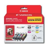 Canon - PGI-220, CLI-221 and Photo Paper 4-Pack Standard Capacity - Black/Yellow/Cyan/Magenta Ink Cartridges + Photo Paper - Black/Cyan/Magenta/Yellow
