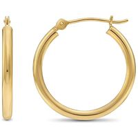 14k Yellow Gold Classic Shiny Polished Round Hoop Earrings, 2mm tube