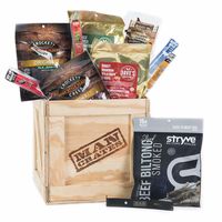 Man Crates Exotic Meats Crate – The Ultimate Gift For Meat Lovers – Includes 10 Rare Jerky Flavors Like Venison, Wild Boar, Elk and More – Ships In A Sealed Wooden Crate With A Laser-Etched Crowbar