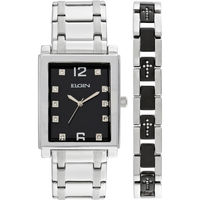 ELGIN Men's Crystal Accent Silver-Tone and Black Watch and Cross Bracelet Set
