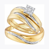 Sizes - L = 7, M = 10 - 10k Yellow Gold Trio His & Hers Round Diamond Cluster Matching Bridal Wedding Ring Band Set (1/5 Cttw)