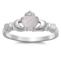 CHOOSE YOUR COLOR White Simulated Opal Promise Claddagh Cute Ring .925 Sterling Silver Band