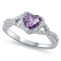 CHOOSE YOUR COLOR Heart Purple Simulated Amethyst Halo Ring .925 Sterling Silver Infinity Knot