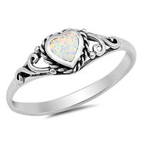 CHOOSE YOUR COLOR White Simulated Opal Heart Promise Ring .925 Sterling Silver Filigree Band