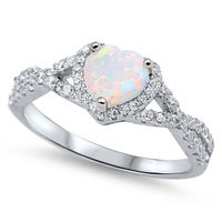 CHOOSE YOUR COLOR Heart White Simulated Opal Halo Promise Ring 925 Sterling Silver Band