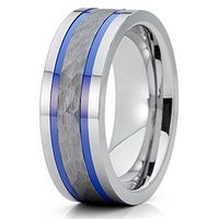 8mm Polished Silver Tungsten Carbide Wedding Band Dual Blue Groove Hammered Center Pipe Cut 7