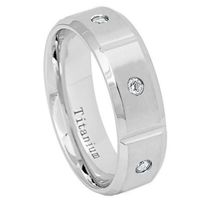 Free Personalized laser engraving Titanium Band Rings 8mm White IP Plated Titanium Ring Brushed Grooved with 6 CZs High Polished Beveled Edge