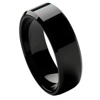 Custom Personalized Engraving Wedding Band Ring Set for Him & Her - 8mm High Polished Black IP Plated Beveled Edge