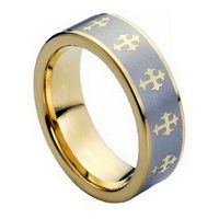 Custom Personalized Engraving Wedding Band Ring Set for Him & Her - 8mm Yellow Gold Tone IP Plated Laser Engraved Crosses Design
