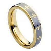 Custom Personalized Engraving Wedding Band Ring Set for Him & Her - 5mm Yellow Gold Tone IP Plated Laser Engraved Crosses Design
