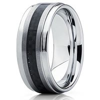 8mm Polished Silver Tungsten Carbide Wedding Band Stepped Edges Black Carbon Fiber Center Ring 7