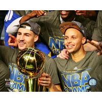 Klay Thompson & Stephen Curry with the NBA Championship Trophy Game 6 of the 2015 NBA Finals Sports Photo - Item # VARPFSAASB178