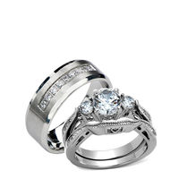 His and Hers Solid Stainless Steel Cz Wedding Engagement Ring Set