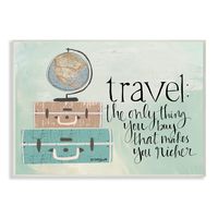 The Stupell Home Decor Aqua Blue Travel Makes You Richer Suitcases and Globe Drawing
