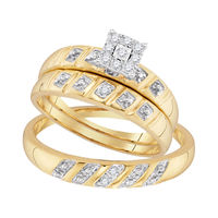 Sizes - L = 4.5, M = 8 - 10k Yellow Gold Trio His & Hers Round Diamond Cluster Matching Bridal Wedding Ring Band Set 1/8 Cttw